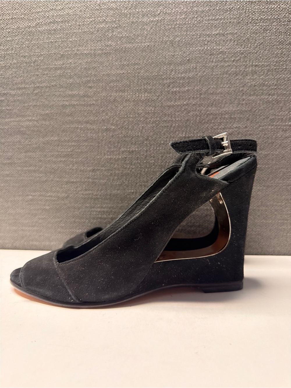 KORS Michael Kors Black Suede Open-Toe Wedge Sandals with Metallic Cutout